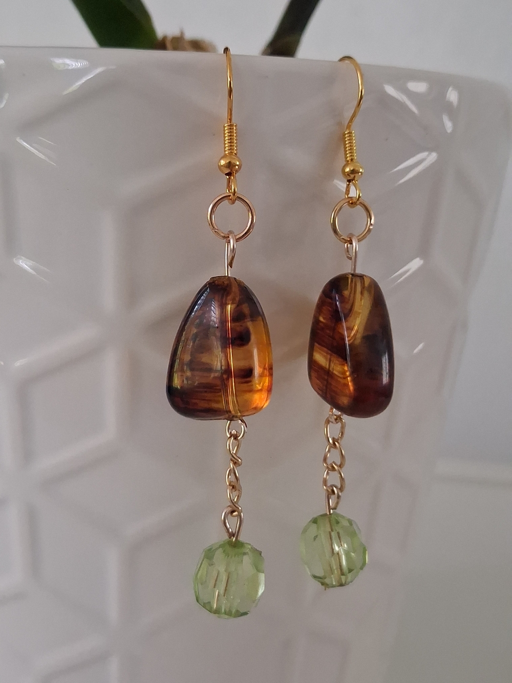 Hand Crafted Gold-Tone Earrings with Amber and Light Green Beads